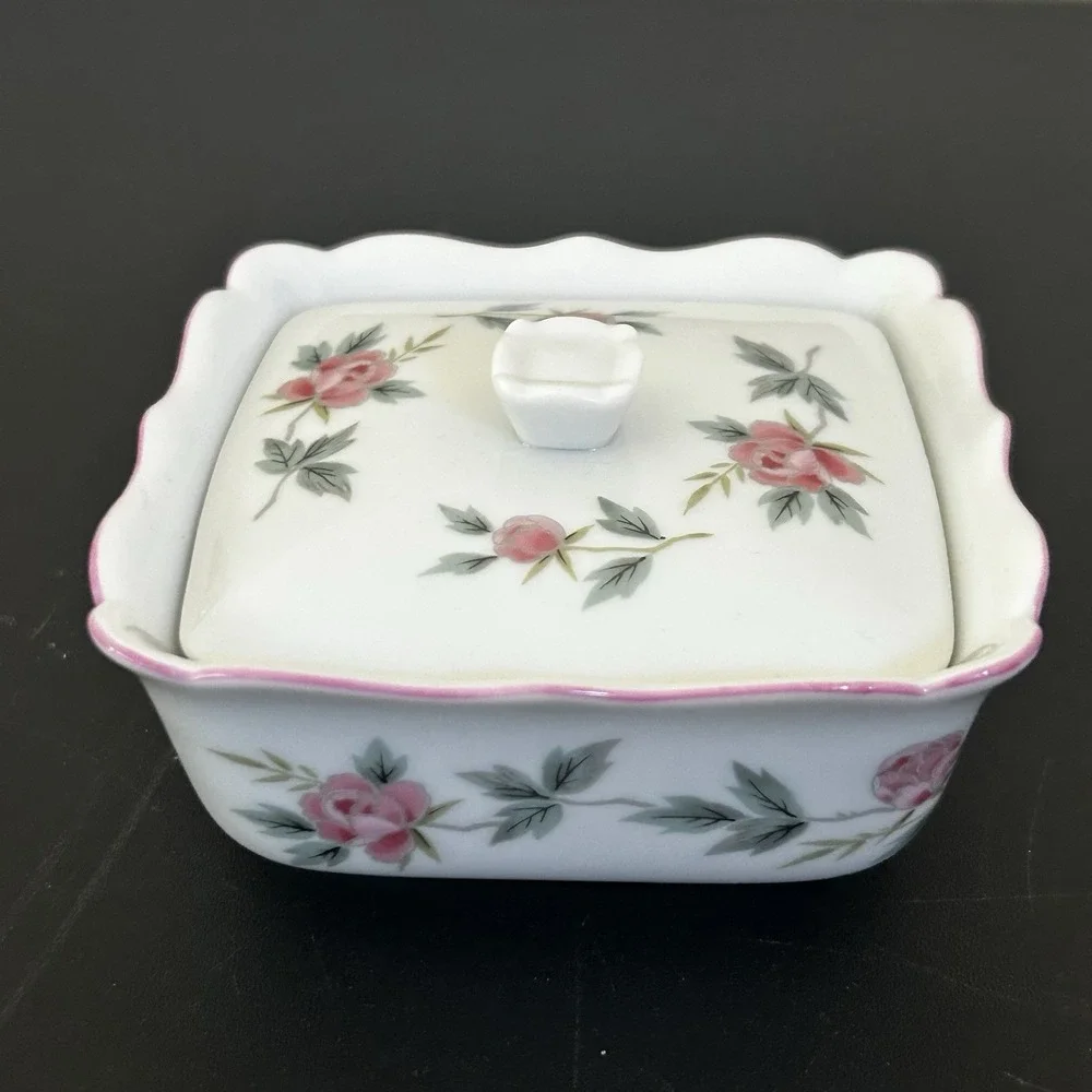 Vintage Andy Panda Japan Pink Rose Floral Porcelain Square Lidded Trinket Box